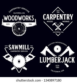 Woodwork badges. Set of carpentry, woodworkers, lumberjack, sawmill service monochrome vector labels, emblems and logos. Isolated vector illustration.