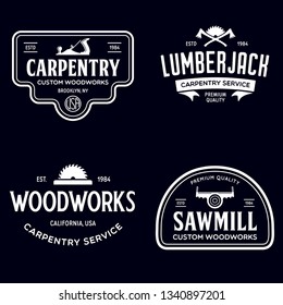 Woodwork badges. Set of carpentry, woodworkers, lumberjack, sawmill service monochrome vector labels, emblems and logos. Isolated vector illustration.