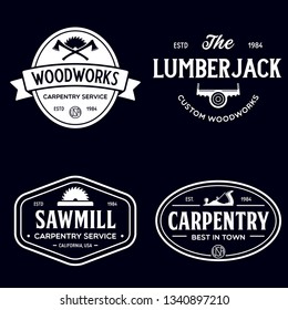 Woodwork badges. Set of carpentry, woodworkers, lumberjack, sawmill service monochrome vector labels, emblems and logos. Isolated vector illustration.