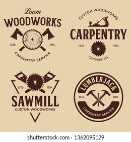Woodwork badges. Set of carpentry, woodworkers, lumberjack, sawmill service monochrome vector labels, emblems and logos. Isolated vector illustration.