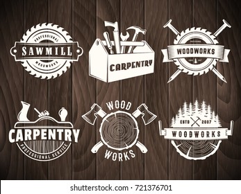 Woodwork badges. Vector logos for carpentry, sawmill, lumberjack service or woodwork shop. Set of labels on vintage wooden background.