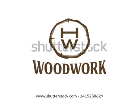 Woodwork carpenter logo design with H W initial letter, stump wood log icon illustration symbol