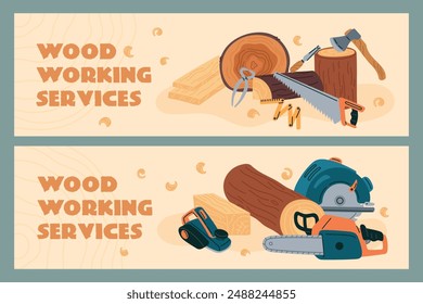 Woodwork carpenter service banners. Professional lumberjack tools. Wood materials. Logs and beams. Planks production. Carpentry sawmill. Woodcutter horizontal posters