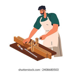 Carpintería. Carpintero con herramienta de carpintería, abrazaderas, recubrimientos para conectar tablas de madera. Trabajador de madera, artesano trabaja con madera, madera dura. Ilustración vectorial plana aislada en fondo blanco