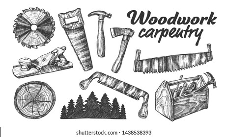 Woodwork Carpentry Collection Equipment Set Vector. Hand Saw And Circular Blade, Wooden Slab And Forest, Tree Cross Section And Planer Tool, Hammer And Ax Carpentry Tools. Cartoon Illustration