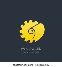 Woodwork and carpentry logo emblem concept. Circular saw and wood shaving, vector label icon design.
