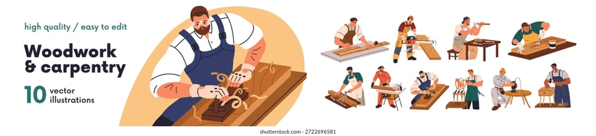 Holzarbeit, Tischlerei. Tischler schnitzen, bearbeiten, sägen, Holzmöbel mit Werkzeugen machen. Zimmerleute arbeiten mit Holz, Holz. Flache grafische Vektorgrafiken einzeln auf weißem Hintergrund