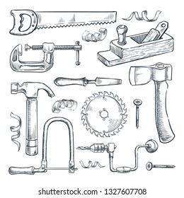 Woodwork and carpentry tools set. Carpenter workshop craft equipment, vector hand drawn sketch illustration. Wood material and furniture industry design elements.