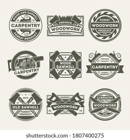Woodwork company logo. Carpentry workshop, woodwork company, sawmill service, lumber-mill business vintage logo label vector design isolated set. Forest woodcut product grunge print stamp illustration