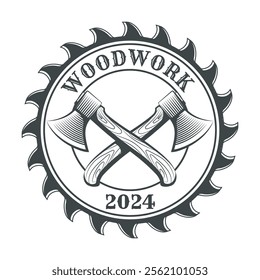 Woodwork engraving emblem. Crossed axes against wood cutter isolated vector illustration