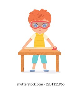 Woodwork of funny child vector illustration. Cartoon isolated boy in goggles holding ruler in hands to measure work bench, young carpenter character making wooden table with craft tools in workshop