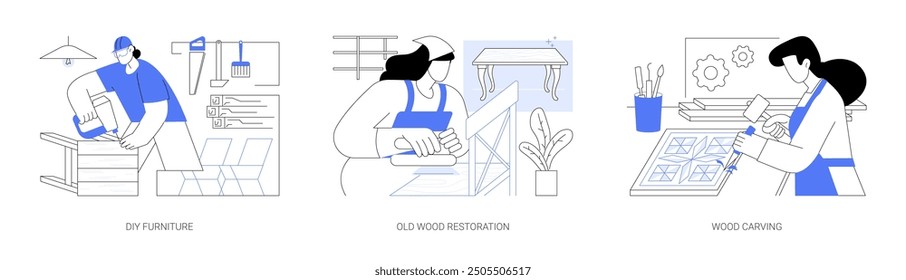 Conjunto de Ilustraciones vectoriales de dibujos animados aislados de hobby de carpintería. Hombre que trabaja con herramientas, crea muebles de bricolaje, aprende viejas técnicas de restauración de madera, carpintero tallado con cincel en manos de dibujos animados de Vector.