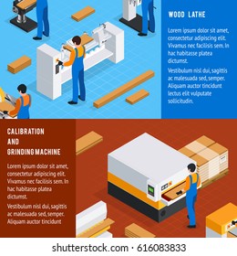 Woodwork horizontal isometric banners set with calibration machine symbols isolated vector illustration