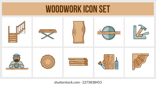 Woodwork icons color set contains tools, wood sawn, wooden ladder, carpenter, machines, oils and varnishes for impregnating wood, furniture, carvings.