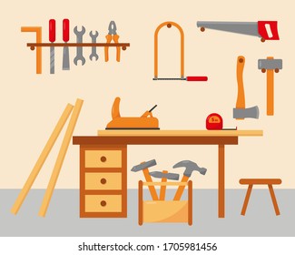 Woodwork Interior and tools. Carpenter workplace.