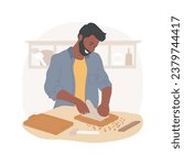 Woodwork isolated cartoon vector illustration. Craftsman creating wooden trays, sitting near workbench, hands-on activity, people lifestyle, art and craft, leisure time vector cartoon.