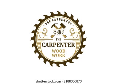 Woodwork logo circular saw hammer icon symbol carpentry design handyman lumberjack work