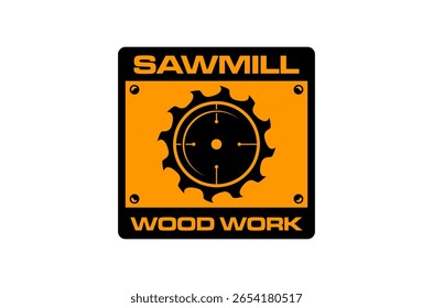 Design de logotipo Woodwork para uma serraria com uma lâmina de serra circular. Carpenter lumberjack indústria vetor ilustração oficina.