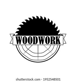 Woodwork logo with ribbon. Wooden log and circular saw. Vector for carpentry, lumberjack, woodcraft, sawmill service. Isolated clipart on white background.