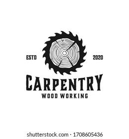 Woodwork logos. Vector badges for carpentry, sawmill, lumberjack service or woodwork shop