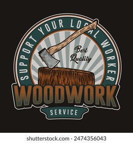 Woodwork logos. Vector badges for carpentry, sawmill, lumberjack service or woodwork shop.