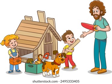 Woodwork master class with children and carpenter teacher vector illustration. Cartoon man teaching little boy and girl to work with wood, making or repairing dog house background. Education concept