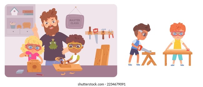 Woodwork master class with kids and carpenter teacher set vector illustration. Cartoon isolated funny child working with wood and equipment, boys with ruler and saw tools in workshop background