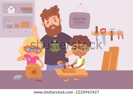 Woodwork master class with kids and carpenter teacher vector illustration. Cartoon man teaching little boy and girl to work with wood, build or repair bird house background. Education concept