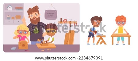 Woodwork master class with kids and carpenter teacher set vector illustration. Cartoon isolated funny child working with wood and equipment, boys with ruler and saw tools in workshop background