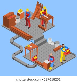 Woodwork people isometric composition with tools on blue background vector illustration 