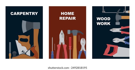 Woodwork posters - building, repairing and construction tools on dark background. Woodwork and construction concept. Simple and quiet vector illustration