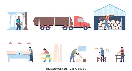 Woodwork process. Making wood furniture step by step. Lumberjack carpenter joiner craftsman working. Wooden industry and fabric, recent vector scenes