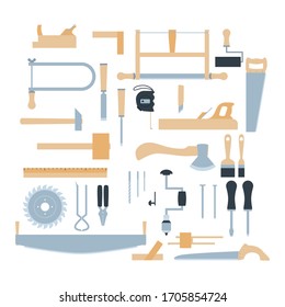 Woodwork tool kit. Set of hand carpentry equipment in flat style. Vector illustration isolated on white background