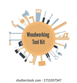 Kit de herramientas de madera. Equipo de carpintería manual en estilo plano. Ilustración de vectores aislada en blanco