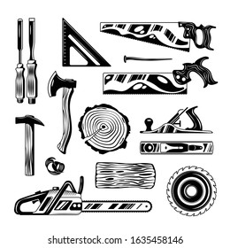 Woodwork tools engraving hand drawn set of handsaw axe planer chainsaw isolated vector illustration 