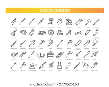 Woodwork tools line icon set