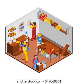 Woodwork workshop isometric concept with people equipment and workers vector illustration 