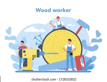 Concepto de maderero o carpintero. Constructor con casco y overoles trabajando con madera. taller de carpintería y carpintería. Ilustración vectorial aislada