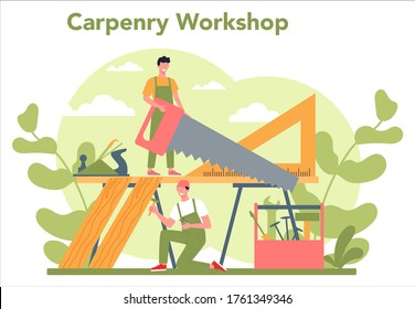 Woodworker or carpenter concept. Builder wearing helmet and overalls with working with wood. Joinery and carpenry workshop. Isolated vector illustration