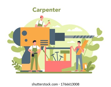 Woodworker or carpenter concept. Builder wearing helmet and overalls with working with wood. Joinery and carpenry workshop. Isolated vector illustration