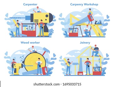 Woodworker or carpenter concept set. Builder wearing helmet and overalls with working with wood. Joinery and carpenry workshop. Isolated vector illustration