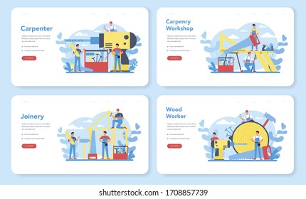 Woodworker or carpenter concept web banner or landing page set. Builder wearing helmet and overalls with working with wood. Joinery and carpenry workshop. Isolated vector illustration