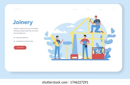 Woodworker or carpenter concept web banner or landing page. Builder wearing helmet and overalls with working with wood. Joinery and carpenry workshop. Isolated vector illustration