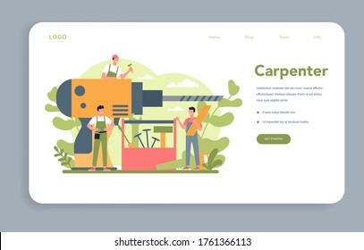 Woodworker or carpenter concept web banner or landing page. Builder wearing helmet and overalls with working with wood. Joinery and carpenry workshop. Isolated vector illustration