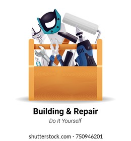 Woodworker carpenter repairman house renovation worker or do yourself instruments in wooden toolbox realistic image vector illustration 