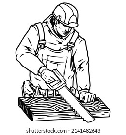 Woodworker in helmet and overalls wearing tool belt sawing wood board in monochrome vintage style, vector illustration