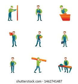 Woodworker icon set. Cartoon set of 9 woodworker vector icons for web design isolated on white background