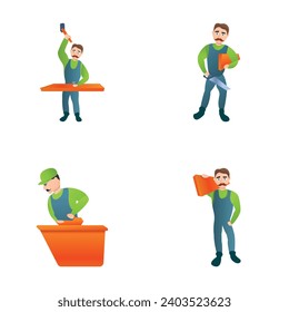 Holzarbeiter-Symbole setzen Cartoon-Vektorgrafik. Ein Arbeiter mit verschiedenen Werkzeugen. Tischlerarbeiten