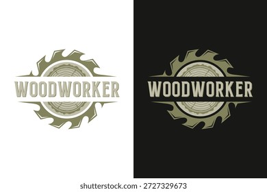 Woodworker Logo Design, Saw Blade Emblem with Wood Grain Texture for Carpentry, Furniture Maker, and Timber Industry Branding