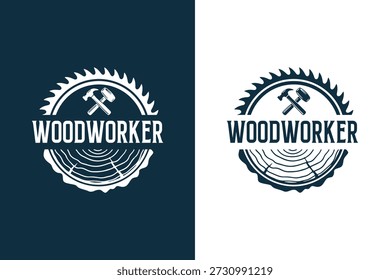 Woodworker Logo Design Set with Saw Blade and Wood Grain Texture, Professional Carpenter and Woodworking Service Emblem Illustration